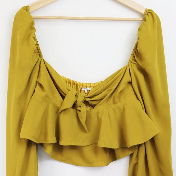 Tularosa Off Shoulder Long Sleeve‎ Cutout Bow Front Peplum Crop Top Yellow Small - Picture 3 of 6